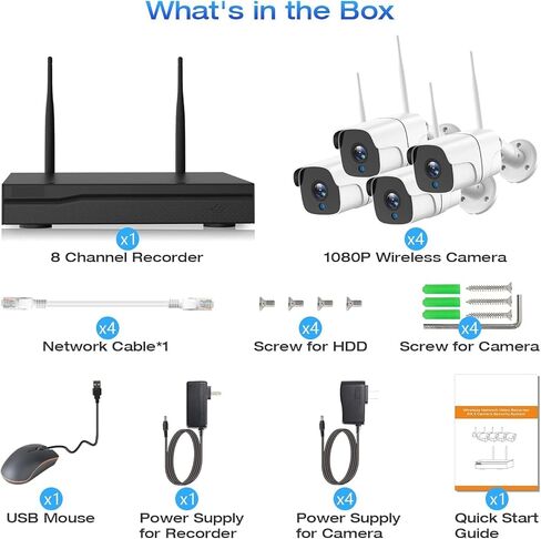 نظام كاميرا أمان لاسلكية، مع 8 قنوات 4K NVR (محرك أقراص ثابتة سعة 500 جيجابايت مثبت مسبقًا) وكاميرات واي فاي للرؤية الليلية 4 × 2 ميجابكسل - قابلة للتوسيع إلى 8 كاميرات، أمان داخلي/خارجي، تنبيهات الحركة، H.265+ in Kuwait