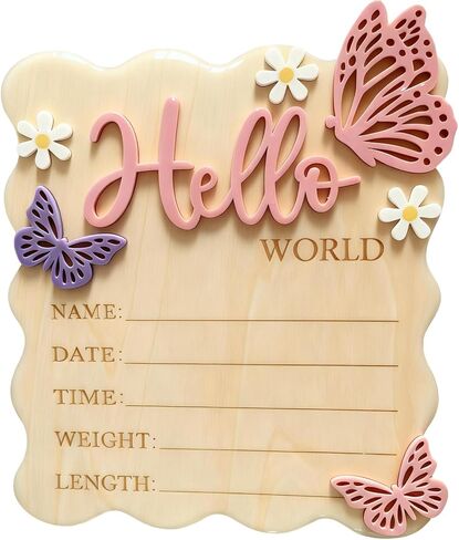 Wooden Hello World Newborn Baby Announcement Sign - Butterfly Daisy Birth Plaque Personalized Name Stats Board Floral Nursery Decor Photo Prop Welcome Baby Gift (Pink) in Saudi Arabia