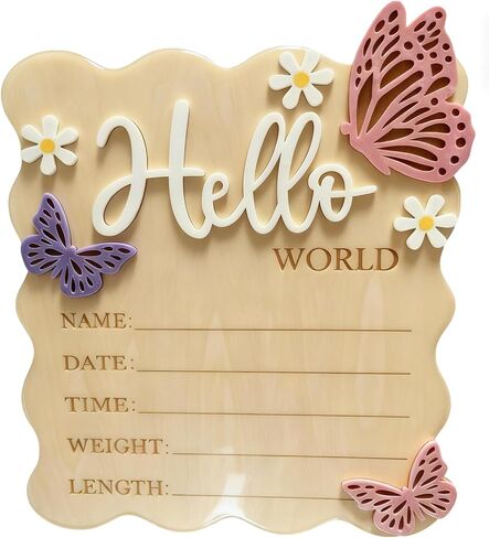لافتة إعلان خشبية لحديثي الولادة من Hello World - لوحة ميلاد على شكل فراشة ديزي، لوحة إحصائيات اسم شخصية، لوحة زهور لديكور الحضانة، صورة دعائم للترحيب بالطفل (وردي) in Kuwait