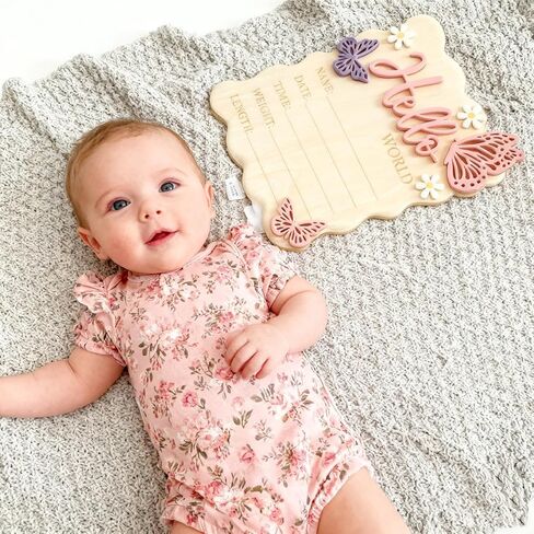 Wooden Hello World Newborn Baby Announcement Sign - Butterfly Daisy Birth Plaque Personalized Name Stats Board Floral Nursery Decor Photo Prop Welcome Baby Gift (Pink) in Saudi Arabia