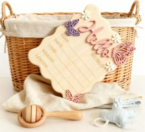 Wooden Hello World Newborn Baby Announcement Sign - Butterfly Daisy Birth Plaque Personalized Name Stats Board Floral Nursery Decor Photo Prop Welcome Baby Gift (Pink) in Saudi Arabia