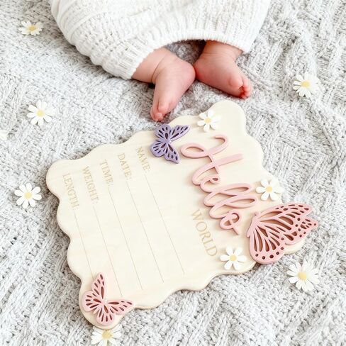 Wooden Hello World Newborn Baby Announcement Sign - Butterfly Daisy Birth Plaque Personalized Name Stats Board Floral Nursery Decor Photo Prop Welcome Baby Gift (Pink) in Saudi Arabia