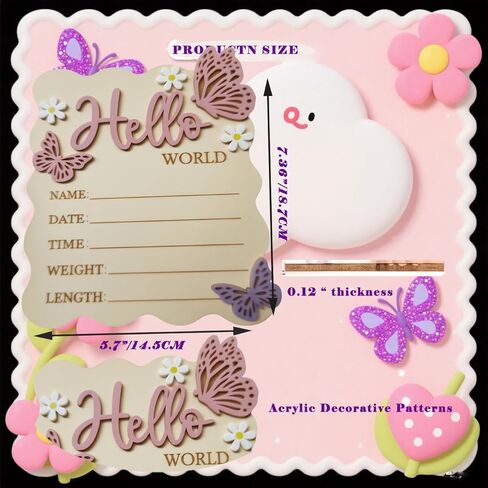 Wooden Hello World Newborn Baby Announcement Sign - Butterfly Daisy Birth Plaque Personalized Name Stats Board Floral Nursery Decor Photo Prop Welcome Baby Gift (Pink) in Saudi Arabia