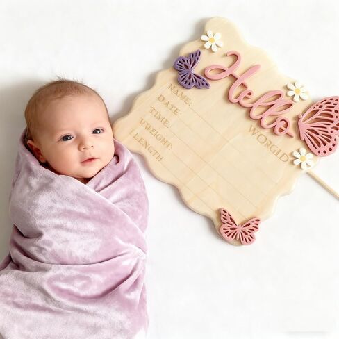 Wooden Hello World Newborn Baby Announcement Sign - Butterfly Daisy Birth Plaque Personalized Name Stats Board Floral Nursery Decor Photo Prop Welcome Baby Gift (Pink) in Saudi Arabia