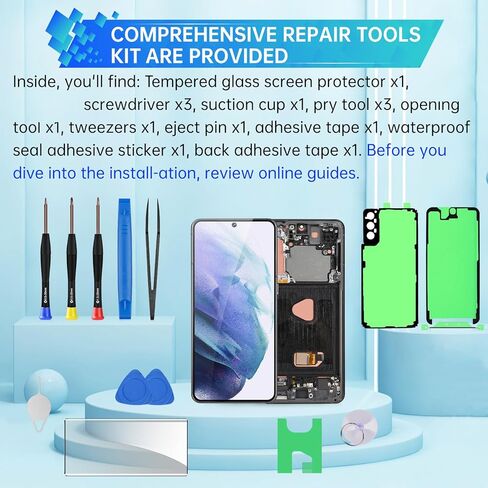 استبدال شاشة AMOLED لهاتف Samsung Galaxy S21 Plus 5G OLED شاشة تعمل باللمس محول رقمي كامل مع إطار أسود فانتوم ومجموعة أدوات إصلاح الزجاج ذات الأزرار الجانبية SM-G996U SM-G996U1 in Kuwait