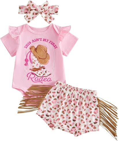 Western Baby Girl Clothes Summer Short Sleeve Letter Tassel T Shirt Romper Bloomer Shorts Set Infant Country Outfit in Saudi Arabia