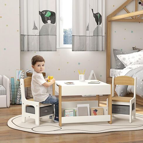Qaba 3 Piece Kids Table and Chair Set, 4 in 1 Toddler Wooden Activity Table with Reversible Tabletop Blackboard, Storage & Bookshelves for Playroom, Nursery, Natural in Kuwait