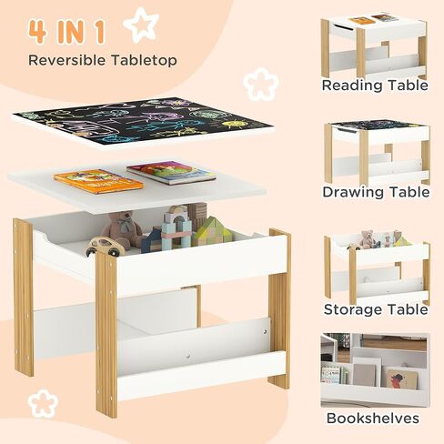 Qaba 3 Piece Kids Table and Chair Set, 4 in 1 Toddler Wooden Activity Table with Reversible Tabletop Blackboard, Storage & Bookshelves for Playroom, Nursery, Natural in Kuwait