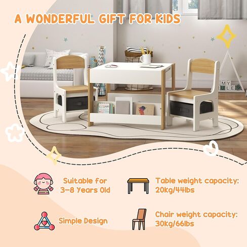 Qaba 3 Piece Kids Table and Chair Set, 4 in 1 Toddler Wooden Activity Table with Reversible Tabletop Blackboard, Storage & Bookshelves for Playroom, Nursery, Natural in Kuwait
