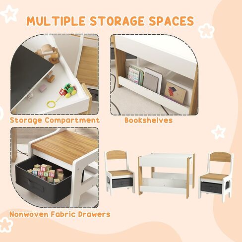 Qaba 3 Piece Kids Table and Chair Set, 4 in 1 Toddler Wooden Activity Table with Reversible Tabletop Blackboard, Storage & Bookshelves for Playroom, Nursery, Natural in Kuwait