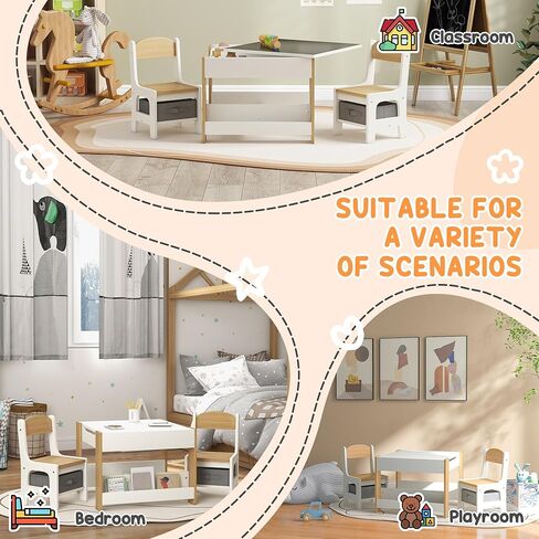 Qaba 3 Piece Kids Table and Chair Set, 4 in 1 Toddler Wooden Activity Table with Reversible Tabletop Blackboard, Storage & Bookshelves for Playroom, Nursery, Natural in Kuwait