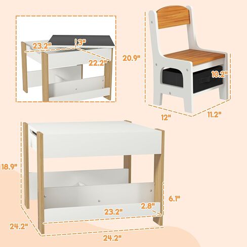 Qaba 3 Piece Kids Table and Chair Set, 4 in 1 Toddler Wooden Activity Table with Reversible Tabletop Blackboard, Storage & Bookshelves for Playroom, Nursery, Natural in Kuwait