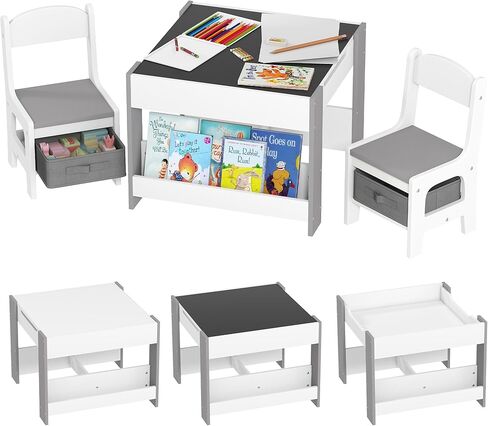 Qaba 3 Piece Kids Table and Chair Set, 4 in 1 Toddler Wooden Activity Table with Reversible Tabletop Blackboard, Storage & Bookshelves for Playroom, Nursery, Natural in Saudi Arabia