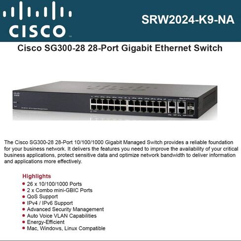 Cisco SG300-28 محول جيجابت مُدار ذو 28 منفذًا 26 × 10/100/1000 + 2 × جيجابت SFP (مجدد معتمد) in Kuwait
