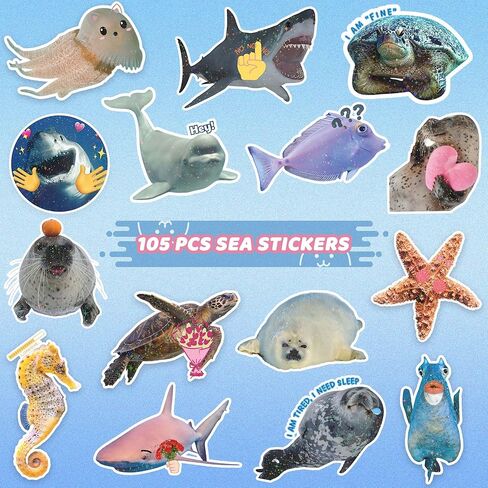 105 PCS Ocean Stickers Sticker Pack, Waterproof Vinyl Sea Animal Sticker Bulk, Holographic Funny Stickers for Scrapbooking, Water Bottles, Laptops, Scrapbooks and Gifts for Ocean Themed Party Favors in Saudi Arabia