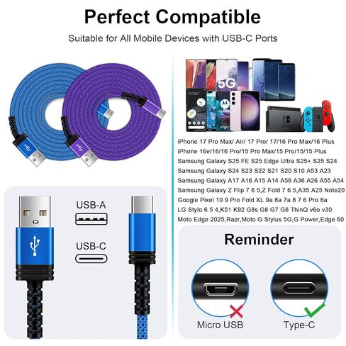 كابل Carplay سريع لهاتف iPhone 17/Air/17 Pro/17 Pro Max/16e/16 Pro/16 Pro Max/16 Plus/16/15 Pro Max Plus، 3FT/2Pack 3.1A USB A إلى USB C سلك شاحن iPhone 17 Pro كابل شحن سريع للسيارة USB نوع C in Kuwait
