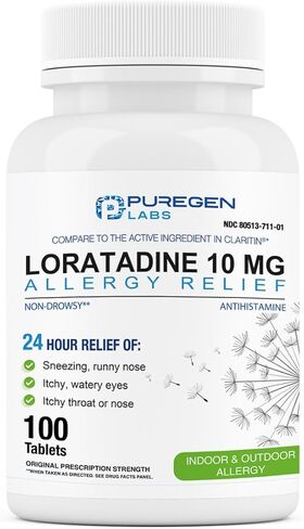 Puregen Labs تخفيف الحساسية، لوراتادين 10 ملجم، 300 قرص - دواء حساسية مضاد للهستامين لا يسبب النعاس لمدة 24 ساعة لسيلان الأنف والعطس والحكة والعيون الدامعة in Saudi Arabia