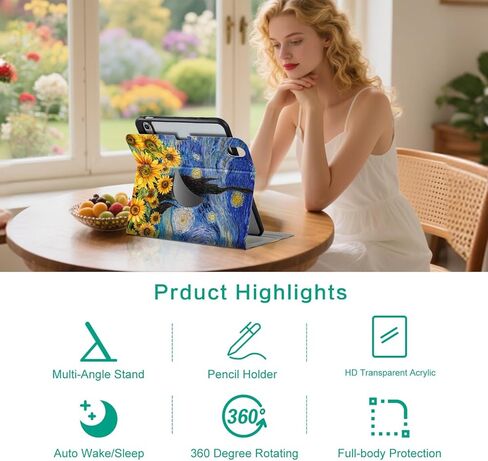 حافظة دوارة لجهاز iPad (A16) الجيل الحادي عشر، حافظة iPad الجيل العاشر مع حامل أقلام دوارة 360 درجة لجهاز ipad a16 10th/11th، حافظة متعددة الزوايا، حامل قابل للتعديل، إيقاظ تلقائي، نوم ليلي مليء بالنجوم in Kuwait