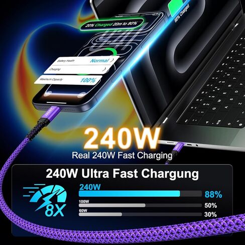 كابل USB C إلى C شحن سريع 240 وات لهاتف Samsung Galaxy S25 FE Ultra Edge Z Fold 7 Flip 7 A17 A16 A56 A36 A26 A35 A55، 3FT/2Pack نوع C سلك شاحن USBC إلى USBC كابل شاحن لهاتف iPhone 17، iPad، MacBook in Kuwait