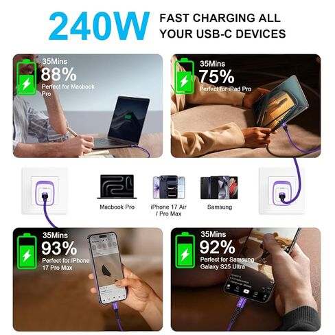 كابل USB C إلى C شحن سريع 240 وات لهاتف Samsung Galaxy S25 FE Ultra Edge Z Fold 7 Flip 7 A17 A16 A56 A36 A26 A35 A55، 3FT/2Pack نوع C سلك شاحن USBC إلى USBC كابل شاحن لهاتف iPhone 17، iPad، MacBook in Kuwait