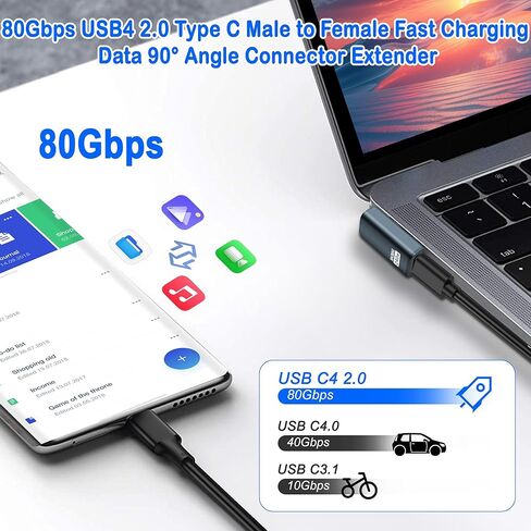 MEIRIYFA 80 جيجابت في الثانية USB C ذكر إلى أنثى محول 90 درجة USB4 2.0 نوع C محول الزاوية اليمنى موسع دعم 8K الصوت / الفيديو PD240W شحن لأجهزة الكمبيوتر المحمول الهاتف اللوحي (2 حزمة) in Kuwait