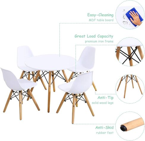 Costzon Kids Table and Chair Set, 5 PCS Mid-Century Modern Style Kids Desk Set w/Wood Legs, Iron Frame for Dining Drawing Playing & Strong Bearing Capacity, Toddler Table and Chairs (White) in Saudi Arabia