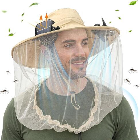 Mosquito Head Net Hat with 2 Solar Fan Wide Brim Bug Sun Hat Netting UPF 50+ for Fishing Hiking Garden in Saudi Arabia