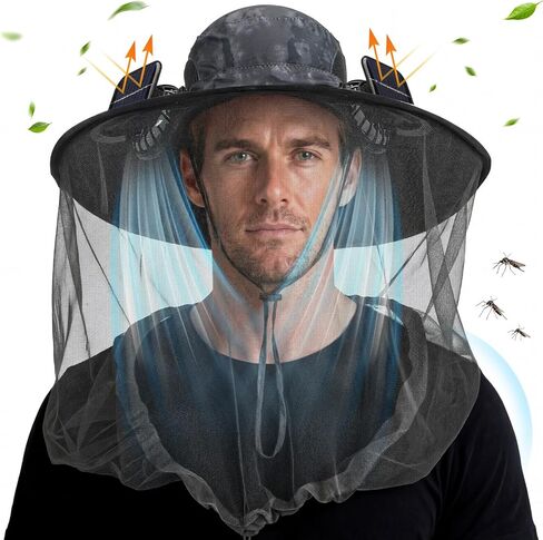 Mosquito Head Net Hat with 2 Solar Fan Wide Brim Bug Sun Hat Netting UPF 50+ for Fishing Hiking Garden in Saudi Arabia