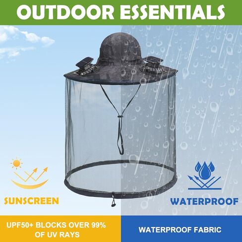 Mosquito Head Net Hat with 2 Solar Fan Wide Brim Bug Sun Hat Netting UPF 50+ for Fishing Hiking Garden in Saudi Arabia