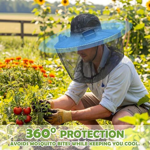 Mosquito Head Net Hat with 2 Solar Fan Wide Brim Bug Sun Hat Netting UPF 50+ for Fishing Hiking Garden in Saudi Arabia