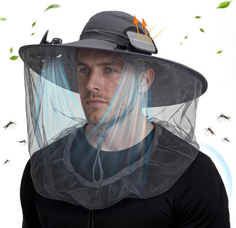 Mosquito Head Net Hat with 2 Solar Fan Wide Brim Bug Sun Hat Netting UPF 50+ for Fishing Hiking Garden in Saudi Arabia