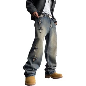 Men's Y2k Baggy Jeans Low Rise Patch Wide Leg Hip Hop Streetwear Grunk Punk Embroidery Sweatpant Jeans in Saudi Arabia