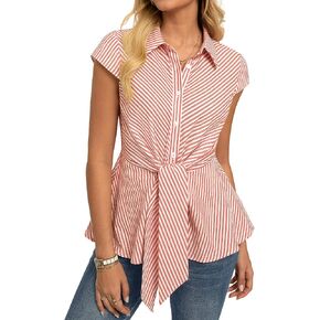 GRACE KARIN Striped Button Down Shirts Women,Short Sleeve Peplum Tops Business Casual,Tie Front Work Cotton Blouses Summer in Kuwait