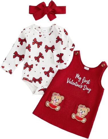 My First Valentines Day Baby Girl Outfit Newborn Long Sleeve Bow Romper + Ribbed Overalls Dress 3 Piece Clothes in Saudi Arabia