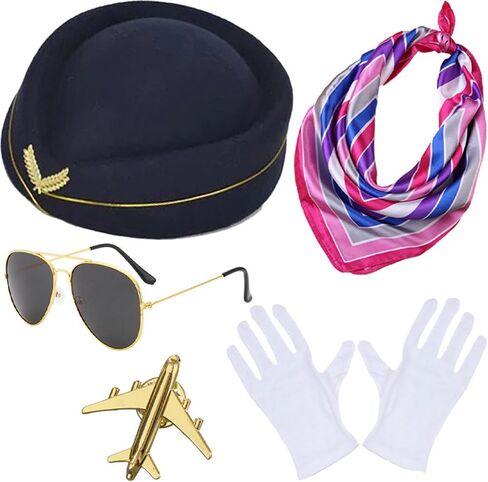 مجموعة زي الطيران، وشاح قبعة، قفازات بيضاء، نظارات شمسية، دبوس الطائرة، لعب الأدوار، حفلة الهالوين التنكرية in Kuwait