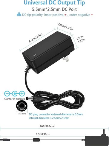 DC 12V 2Amp Power Adapter Supply 100-240 50/60Hz to 12 Volts Power Supply 2a AC/DC Transformer,10ft DC 12V Power Cord, 5.5mm x 2.5mm Barrel Plug (10FT) in Saudi Arabia