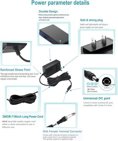 DC 12V 2Amp Power Adapter Supply 100-240 50/60Hz to 12 Volts Power Supply 2a AC/DC Transformer,10ft DC 12V Power Cord, 5.5mm x 2.5mm Barrel Plug (10FT) in Saudi Arabia