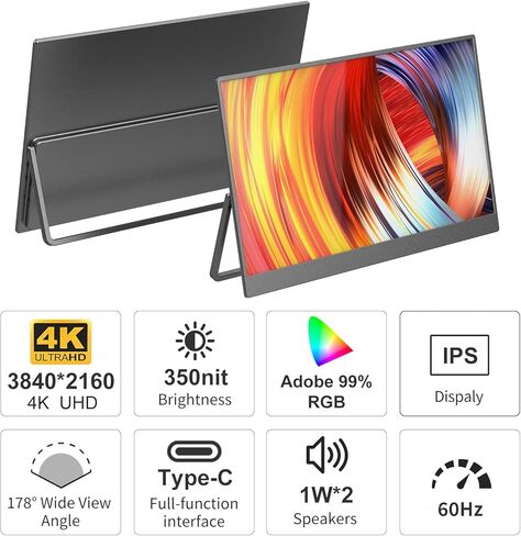 Portable Monitor, 4K UHD 15.6inch Lightweight Travel Monitor for Laptop Xbox PS5 MacBook, Ultra High Definition Laptop Screen Extender USB-C HDMI One-Click Connection in Saudi Arabia