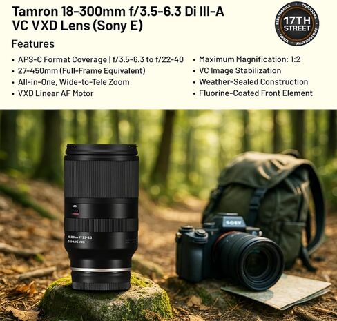Tamron 18-300mm f/3.5-6.3 Di III-A VC VXD Lens (Sony E) with 16.6X Zoom & VC Stabilization, 64GB Extreme PRO SDXC Memory Card with 200MB/s Read Speed & Tiffen 67mm UV Filter for Clarity Bundle Kit in Saudi Arabia