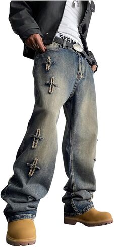 Men's Y2k Baggy Jeans Low Rise Patch Wide Leg Hip Hop Streetwear Grunk Punk Embroidery Sweatpant Jeans in Saudi Arabia