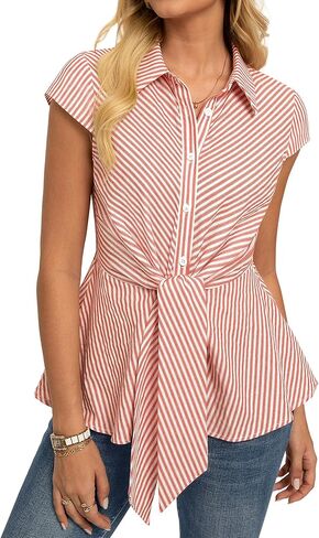 GRACE KARIN Striped Button Down Shirts Women,Short Sleeve Peplum Tops Business Casual,Tie Front Work Cotton Blouses Summer in Saudi Arabia