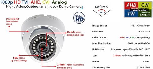 Evertech 1080p HD CCTV قبة كاميرا الأمن AHD TVI CVI التناظرية 2.8 مم عدسة زاوية واسعة ثابتة 50 قدمًا للرؤية الليلية داخلي خارجي معدني كاميرا مراقبة CCTV in Saudi Arabia