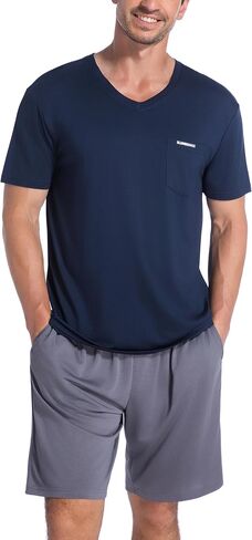 SlumberMee Mens Pajama Set Soft Cooling Viscose Summer Pjs Short Sleeve Sleepwear 2 Piece Crew Neck Loungewear with Pockets in Saudi Arabia