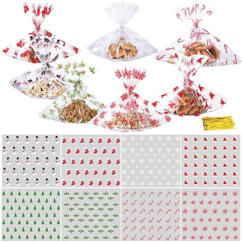 Yexiya 48 Pcs Christmas Cellophane Cookie Tray Bags 15" x 18" Clear Cello Serving Tray Bags with Twist Ties for Cookie, Treats, Gift Wrap or Display Winter Xmas Theme Party Supplies(8 Styles) in Saudi Arabia