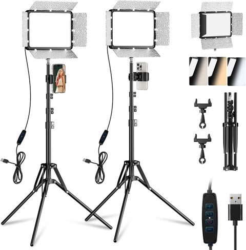 2-Pack LED Video Light Kit, EMART Studio Light with Phone Holder& Light Barndoor, Upgrade 2800-7000K Dimmable Photography Lighting for Video Recording, 60'' Tripod for Streaming, YouTube, Make Up in Saudi Arabia