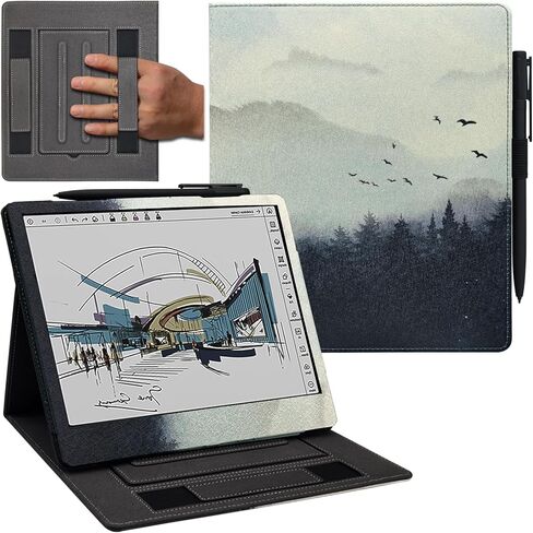 حافظة مزدوجة لجهاز Onyx Boox Tablet Note Air 5 C/Note Air 4 C/Air 3 C (إصدار 2025/2024) غطاء جلد PU ممتاز مع خاصية النوم/الاستيقاظ التلقائي/حزام يد مزدوج/حامل قلم مرن (غابة ضبابية) in Kuwait