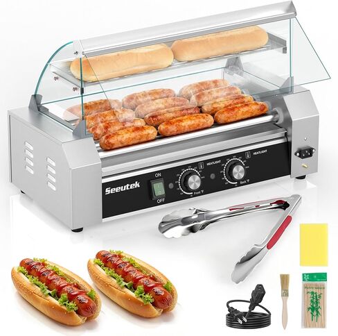 Seeutek Hot Dog Roller Machine, 7 Stainless Steel Hot Dog Rollers with Mesh Rack, Dust Cover, Oil Pan, Dual Temp Control and LED Light, 18 Hotdogs Electric Hotdog Grill Cooker Commercial Grade in Saudi Arabia