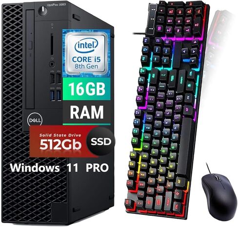 كمبيوتر مكتبي Dell OptiPlex 3060 SFF، رباعي النواة i5-8500، ذاكرة الوصول العشوائي 16 جيجا، 512 جيجا SSD، لوحة مفاتيح RGB، ماوس، DP، Windows 11 Pro (متجدد) in Kuwait