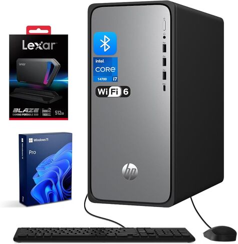 HP 2025 Omnidesk (العلامة التجارية Envy Next) M02 AI Copilot Business Tower Desktop، Core i7-14700، 32 جيجا DDR5، 1 تيرابايت SSD، لوحة مفاتيح سلكية وماوس، Wi-Fi 6، W11P، حزمة مع Lexar SL660 512 جيجا SSD محمول (متجدد) in Kuwait