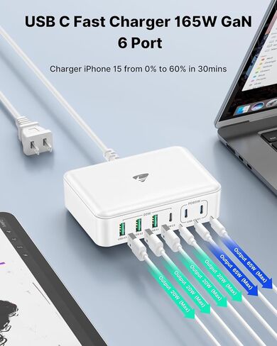 165W USB C Block Charger ، 6 Port Multi USB-C Charging Station ، 100W PD FAST USBC GAN Charger Station Hub Dock لأجهزة متعددة ، نوع الكمبيوتر المحمول C ، شحن MacBook/iPhone 16/iPad/Galaxy S25 (سلك 5 قدم) in Kuwait
